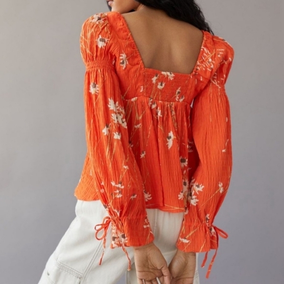 Urban Outfitters New Allie Orange Floral Tie Sleeve Blouse Shirt Womens SZ XS - Picture 4 of 13
